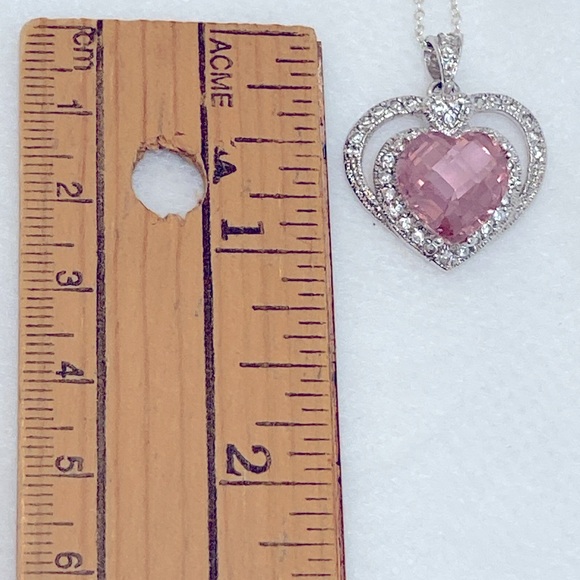 Double Heart 925 Silver Necklace & Pink Cubic Zirconia Heart Pendant - Picture 10 of 10
